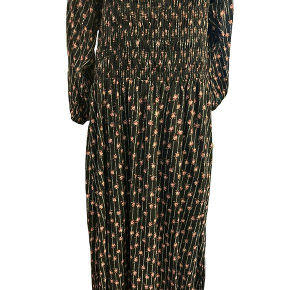 WAYF Women's Black Floral Nevaeh Smocked Lined Midi Dress Size Large Dry Clean - Picture 3 of 6